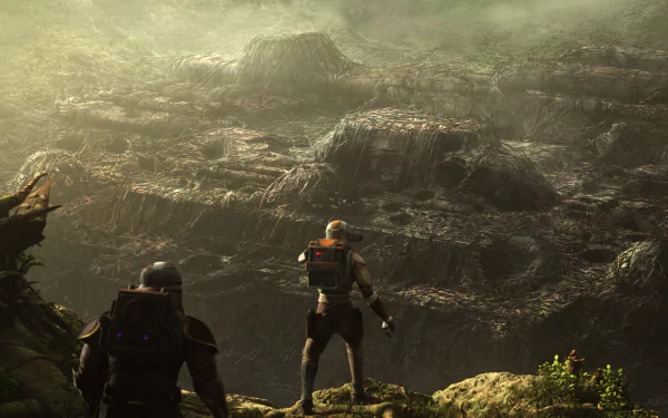 HD wallpaper featuring characters from Star Wars: The Bad Batch TV show overlooking a rugged alien landscape.