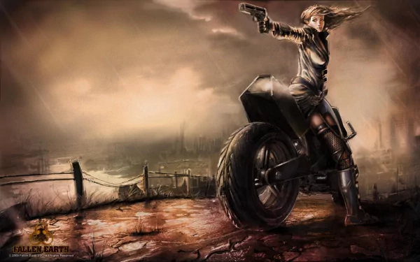 A dynamic HD wallpaper from the video game Fallen Earth, featuring a fierce character on a futuristic motorcycle, set against a dramatic, post-apocalyptic landscape.