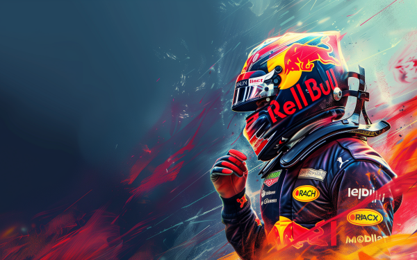 HD wallpaper of a Red Bull Racing F1 driver in full gear with a vibrant, artistic background – ideal for sports enthusiasts and Formula 1 fans.