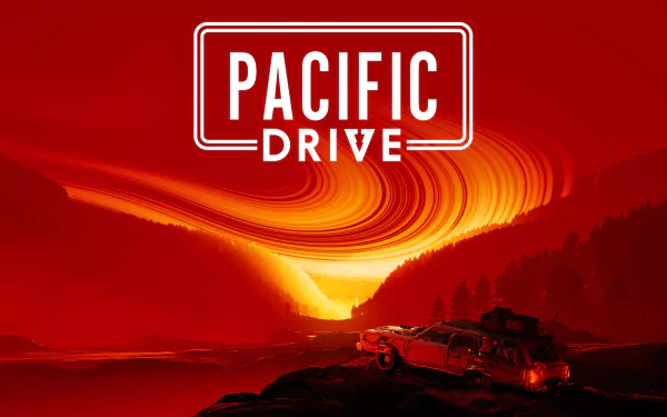 HD desktop wallpaper featuring Pacific Drive video game with a vibrant red and orange sunset backdrop and stylized title text.