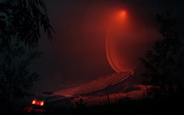 HD wallpaper featuring eerie Pacific Drive game scene with a car under a mysterious red light at night.