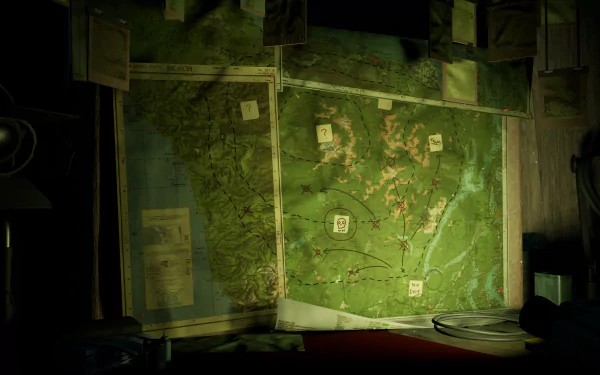 HD desktop wallpaper from the video game Pacific Drive featuring a dimly lit room with a detailed map pinned on the wall.