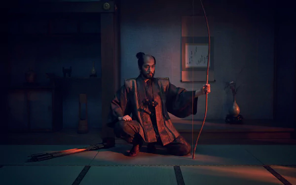 HD Wallpaper featuring a scene from Shogun 2024 TV Show with a character holding a traditional bow in a dimly lit room