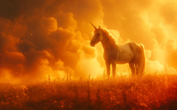 A majestic unicorn in a golden sunset field, HD desktop wallpaper and background.