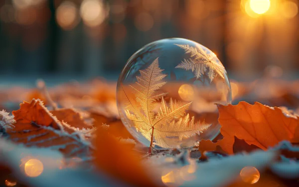 A crystal bubble rests on colorful autumn leaves, reflecting intricate frost patterns and warm sunlight, creating a serene atmosphere in this HD desktop wallpaper.