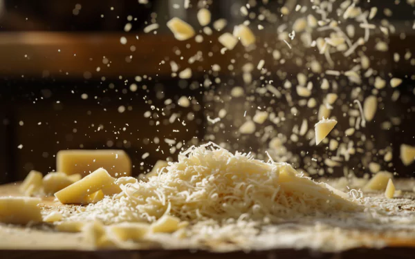 HD wallpaper of freshly grated Parmesan cheese sprinkled across a wooden surface with cheese flakes in mid-air, creating a dynamic and delicious looking background.