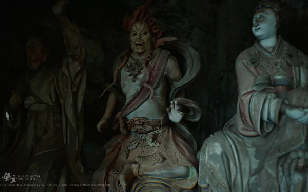 HD desktop wallpaper featuring intricate statues from the video game Black Myth: Wukong, showcasing detailed character art as a dark, atmospheric background.