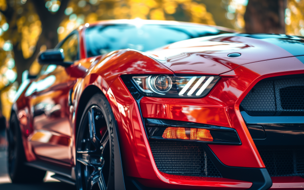 High-definition desktop wallpaper featuring a close-up view of a red Ford Mustang with sleek headlights, ideal as a vibrant automotive background.
