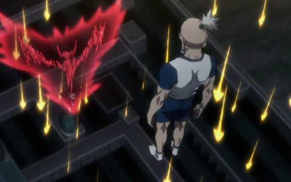 HD anime wallpaper featuring a scene from Hunter x Hunter with Isaac Netero and Neferpitou, showcasing intense action and vibrant special effects.
