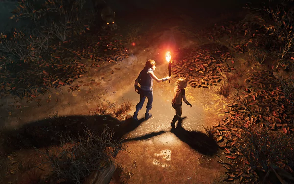 Two brothers explore a dimly lit path with a torch in the HD desktop wallpaper for the Brothers: A Tale of Two Sons video game remake.