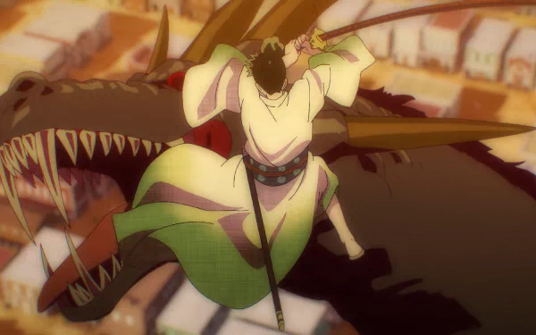 Anime scene featuring a character confronting a dragon in 103 Mercies Dragon Damnation, a high-definition wallpaper.
