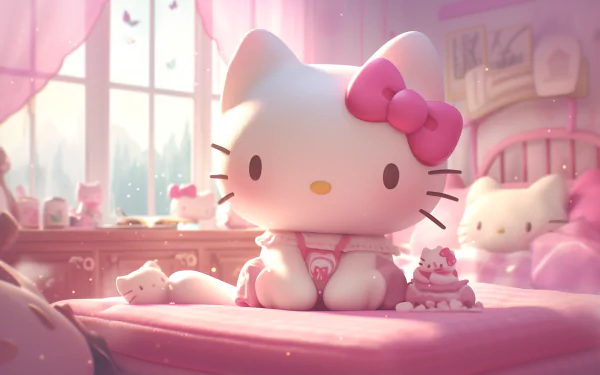 HD Hello Kitty desktop wallpaper featuring a cute pink aesthetic theme with multiple Sanrio characters in a cozy room setting.