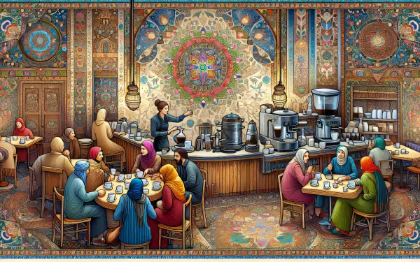 Vibrant HD desktop wallpaper of a bustling coffee shop interior with patrons and detailed mosaic decor.