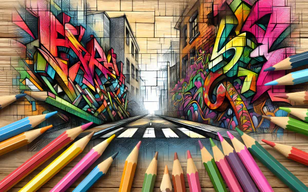 HD desktop wallpaper featuring vibrant graffiti art with an array of colored pencils in the foreground.
