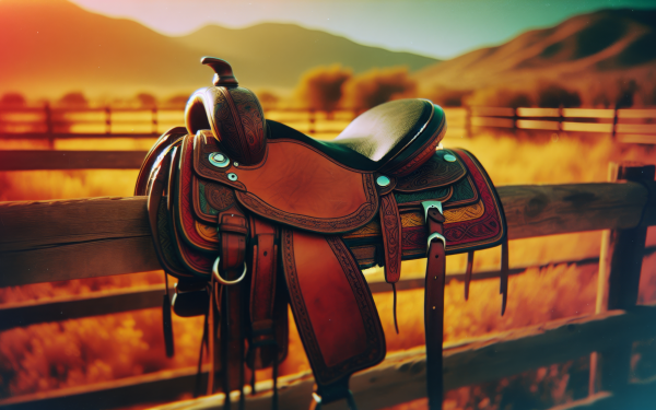 HD Wallpaper of a leather saddle on a fence with a sunset and mountains in the background.