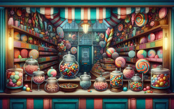 HD desktop wallpaper featuring a colorful candy store with assorted sweets and striped decorations.