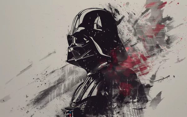 HD desktop wallpaper featuring an artistic rendition of Darth Vader from Star Wars with abstract splashes of red and black.