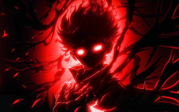 Red and black themed HD Phonk-style desktop wallpaper featuring an intense character with glowing red eyes surrounded by dark, ethereal shapes.