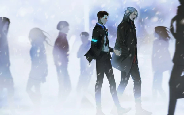 HD wallpaper featuring characters from the video game Detroit: Become Human, with a stylized crowd in the background.