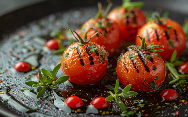 A vibrant HD desktop wallpaper featuring grilled cherry tomatoes garnished with herbs, arranged beautifully on a dark plate with a drizzle of balsamic.
