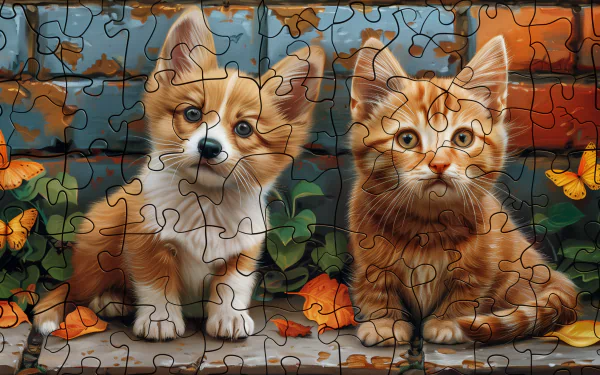 HD desktop wallpaper of a puzzle featuring an adorable puppy and kitten surrounded by autumn leaves.