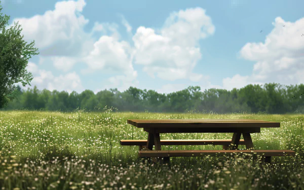 HD desktop wallpaper featuring a tranquil wooden picnic bench in a vibrant green meadow with blooming wildflowers and lush trees under a clear blue sky.