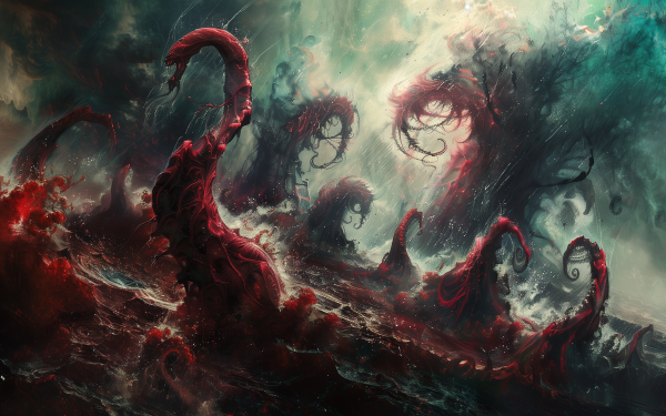 HD desktop wallpaper featuring a dynamic fantasy art scene with swirling red tentacles and a surreal, stormy background.