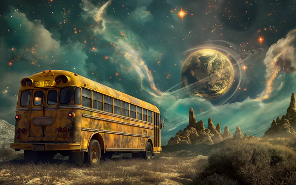 School bus on alien planet with rings HD desktop wallpaper.