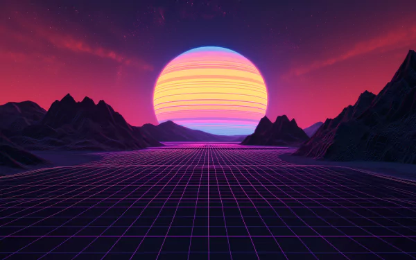 Retro-style HD desktop wallpaper featuring a vibrant synthwave sunset with a large sun over a grid landscape and mountain silhouettes.