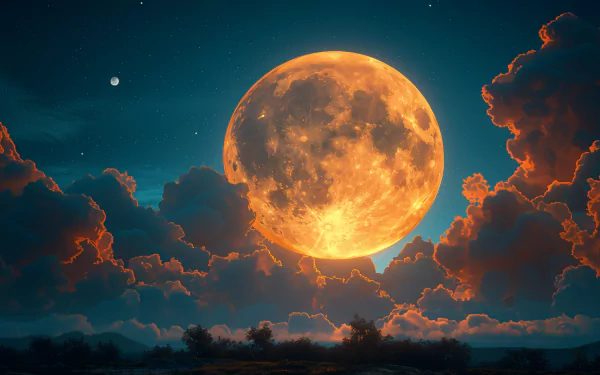 Stunning HD desktop wallpaper featuring a dramatic moonrise with a glowing full moon against twilight clouds.