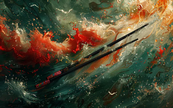 HD desktop wallpaper of chopsticks amidst a vibrant splash of red and green, evoking an abstract artistic scene.
