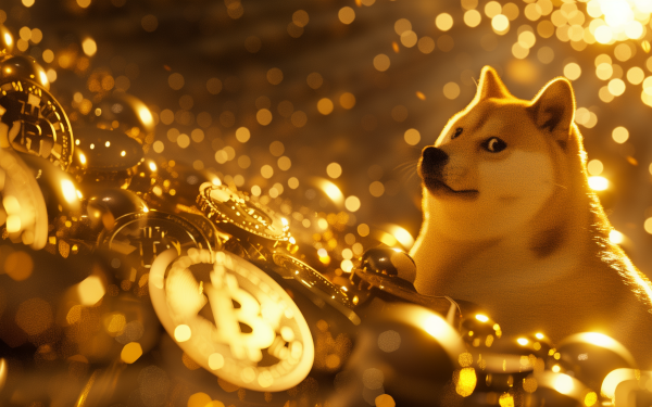 HD wallpaper featuring a humorous Shiba Inu, reminiscent of the Doge meme, among golden cryptocurrency coins with a shimmering, bokeh background.