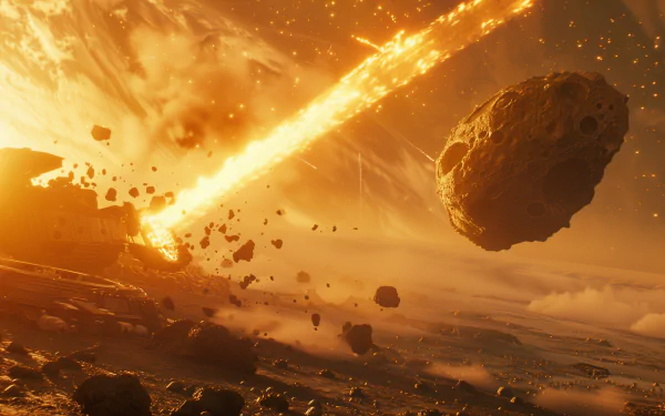 A stunning HD wallpaper depicting a dramatic meteorite impacting a planet, surrounded by flying debris and a fiery sky, capturing the intensity of cosmic events.