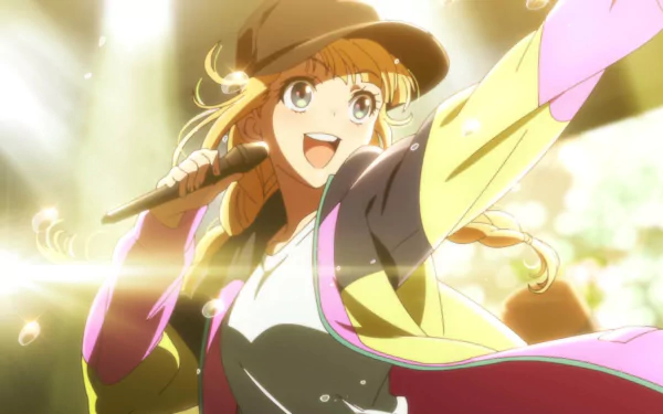 Eiko Tsukimi from Ya Boy Kongming! performs energetically on stage, radiating joy and enthusiasm, set against a vibrant, sparkling backdrop. HD anime wallpaper.