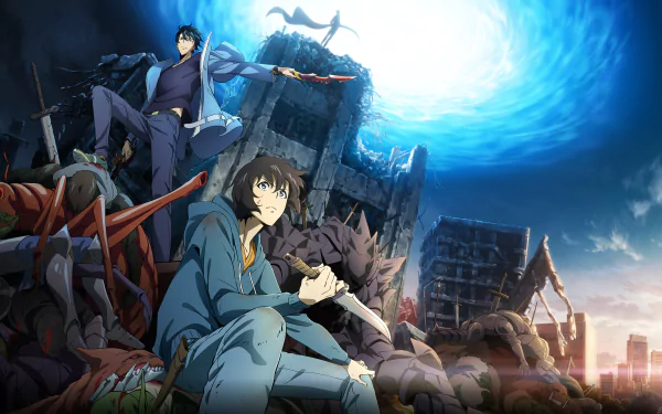 HD wallpaper featuring Sung Jin-Woo from Solo Leveling anime with a dynamic battle scene in the background.
