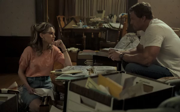 HD wallpaper featuring a scene from the movie Ordinary Angels with two characters engaged in a conversation amidst a cluttered room filled with papers and boxes.
