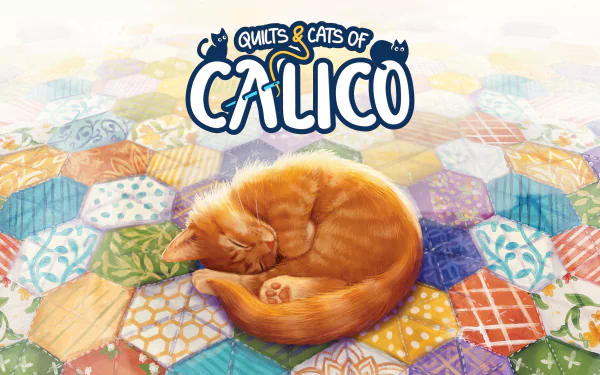 HD desktop wallpaper featuring a cozy orange cat napping on a colorful quilt, with the 'Quilts and Cats of Calico' video game logo above.