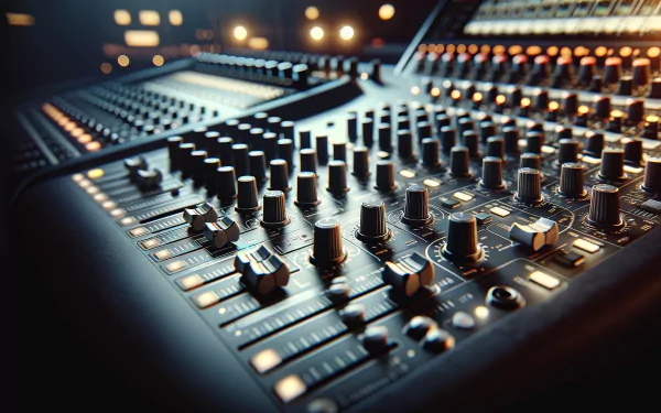 A close-up of a music mixer, showcasing intricate knobs and controls, set against a blurred background of soft lights. This HD wallpaper captures the essence of sound design.
