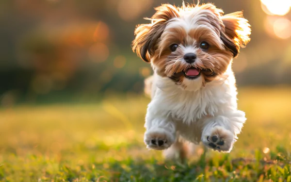 A joyful Shih Tzu puppy bounding towards the camera on a grassy field, with the warm glow of sunlight creating a charming HD desktop wallpaper background.