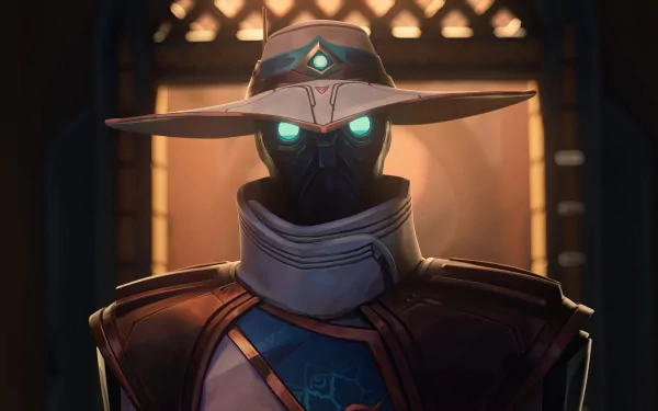 HD desktop wallpaper featuring Cypher from Valorant video game, posing with his iconic hat and mask against a dimly lit background.