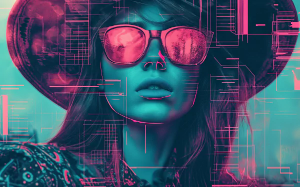 Stylish hipster girl with sunglasses in a vibrant HD desktop wallpaper featuring abstract graphics and cool tones.
