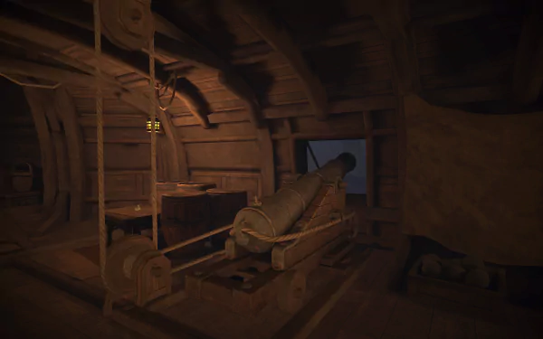 HD desktop wallpaper of 'The Pirate Queen: A Forgotten Legend' video game featuring the interior of a pirate ship with a cannon.
