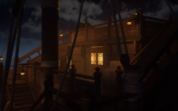 HD wallpaper of The Pirate Queen: A Forgotten Legend video game featuring a dimly lit pirate ship deck at night.