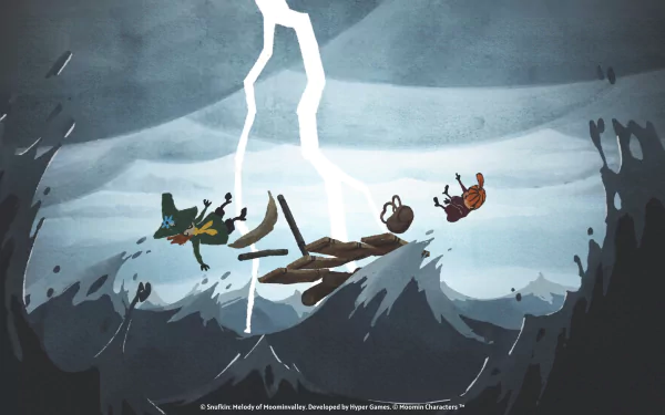 HD wallpaper of Snufkin: Melody of Moominvalley video game featuring characters in a mystical cave with a striking lightning bolt.