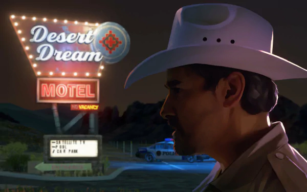 As Dusk Falls video game HD wallpaper featuring a profile view of a character with a cowboy hat against the backdrop of the Desert Dream Motel sign at night.
