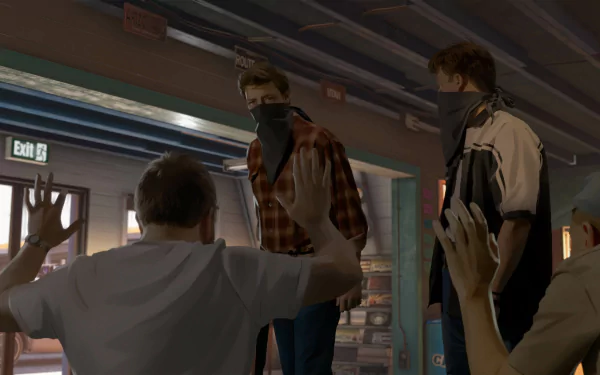 HD wallpaper featuring a tense scene from the video game As Dusk Falls with characters in a dramatic standoff.