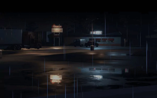 HD wallpaper of a quiet nighttime scene from the video game As Dusk Falls, featuring a dimly lit street and a neon sign over a building.