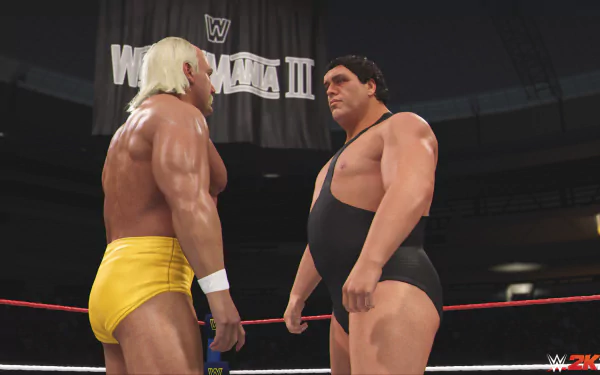 HD wallpaper of WWE 2K24 video game featuring two wrestlers facing off in the ring at WrestleMania III event.