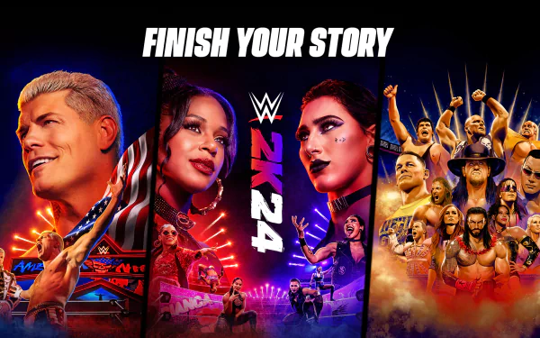 HD desktop wallpaper featuring WWE 2K24 video game with vibrant graphics and the tagline Finish Your Story.