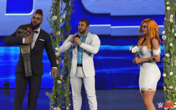 HD wallpaper from WWE 2K24 featuring in-game characters dressed elegantly, with one holding a championship belt and another holding a microphone, against a blue stage backdrop.